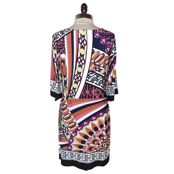 EN FOCUS STUDIO Size 10 Shift Dress Black Orange White Floral 3/4 Sleeve Stretch - Picture 6 of 7